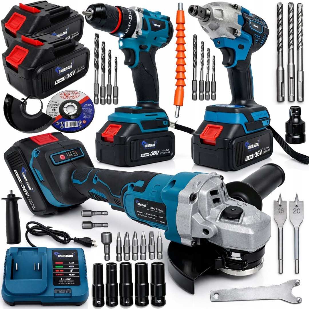 3-ühes kruvikeeraja + nurklihvija + akutoitel löökmutrivõti 36V 2 akut